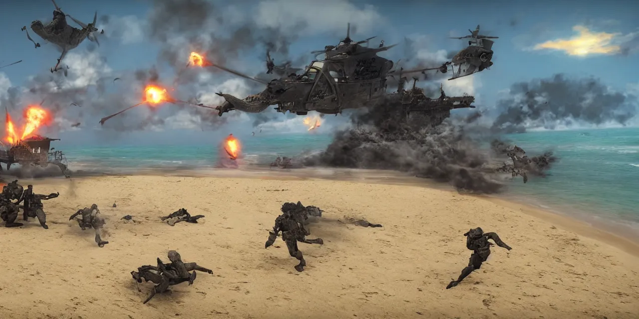 Image similar to fantasy d-day beach landing, realistic, explosions, cinematic, dragons, unreal engine