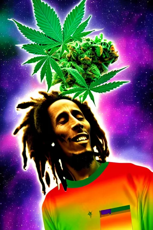 Image similar to A Bob Marley cat floating in space with cannabis, digitalart