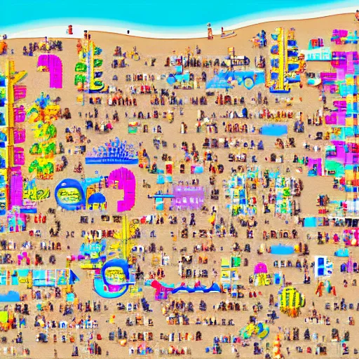 Image similar to aerial view of a busy beach on a sunny day, pixel art