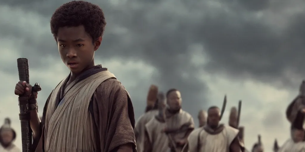 Image similar to a film still of a black boy starring in a japanese blockbuster film as ancient samurai, intense, shallow depth of field, cinematic, award winning cgi, vfx, film still