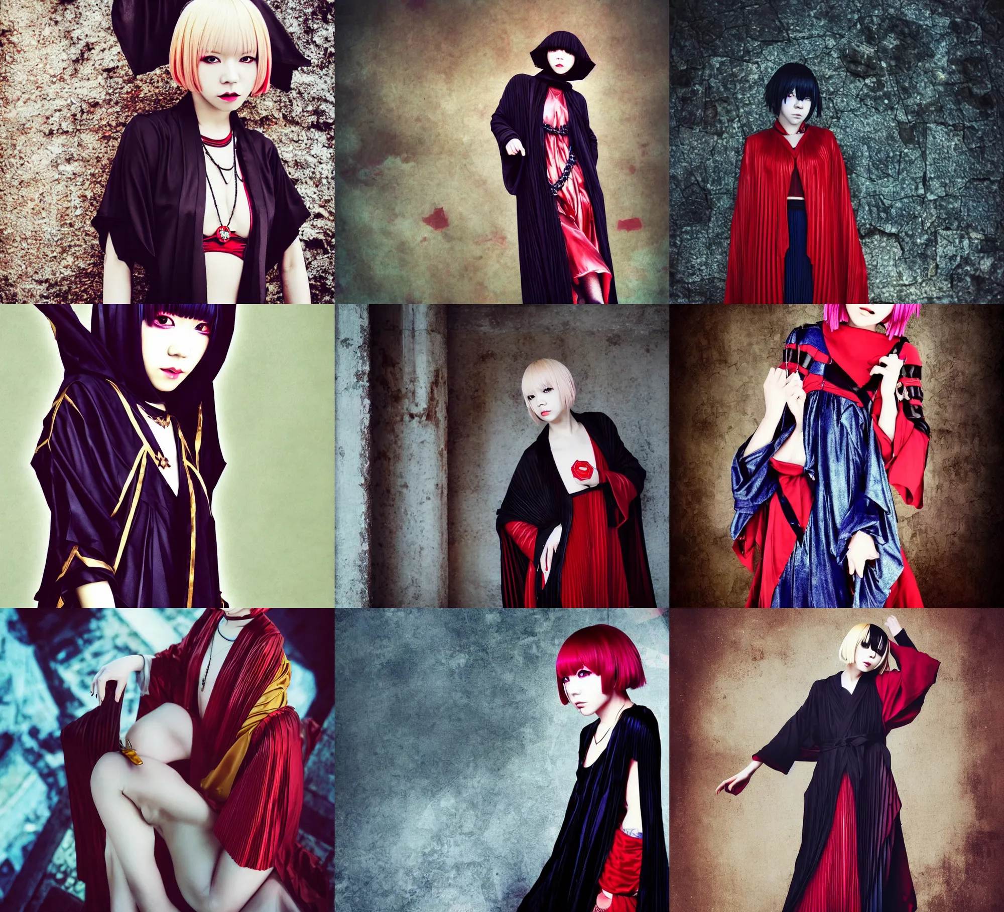 Prompt: lomography, full body portrait photo of women like reol from a distance as a warlock wearing gems and pleated robe robe looking down at a medieval city from above, realistic, dynamic perspective pose, skin tinted a warm tone, hdr, rounded eyes, detailed facial features, red blue black gold