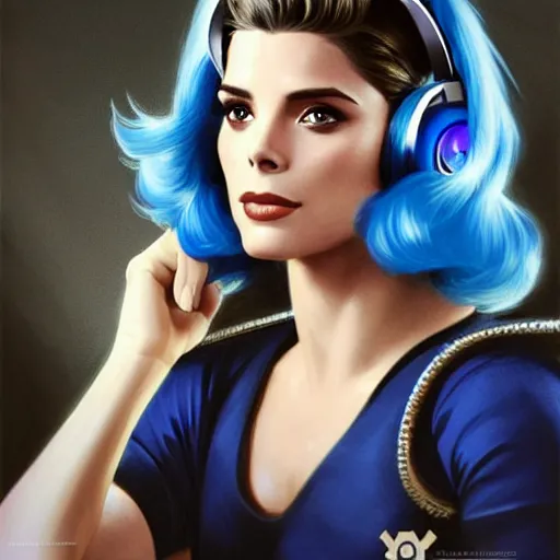 Image similar to Ashley Greene's face combined with Grace Kelly's face with blue hair wearing Power Armor and a headset, western, D&D, fantasy, intricate, elegant, highly detailed, digital painting, artstation, concept art, matte, sharp focus, illustration, art by Artgerm and Greg Rutkowski and Alphonse Mucha