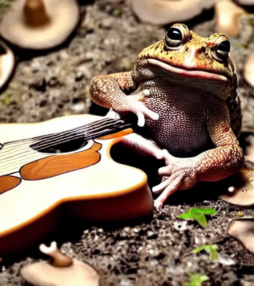 Image similar to a toad playing guitar on a mushroom