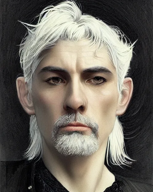 Image similar to portrait of 4 0 - year - old man with white hair with a pale complexion, pointed face and grey eyes, clear smooth face, no beard, wearing all black clothes, haughty facial expression, hyper realistic face, beautiful eyes, close up, fantasy art, in the style of greg rutkowski, intricate, alphonse mucha, hyper detailed, smooth