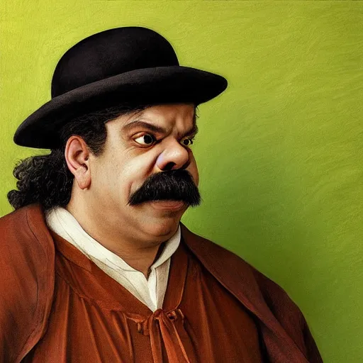 Prompt: hyper realistic, realistic - anime, portrait, beautifully rendered, italian garb from 1 9 th century, caricature, luis guzman as luigi wearing green, smirking deviously, luigi, luigi's nose, painted by jan van eyck, albrecht durer, gustave courbet, greg rutkowski, wlop, artgerm, dishonored 2,