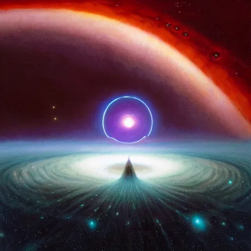Prompt: cinematic view of a black hole with accretion disks in deep space, tim hildebrandt, wayne barlowe, syd mead, john harris, bruce pennington, donato giancola, larry elmore, oil on canvas, artstation, pixiv, cinematic composition, dramatic, beautiful lighting, sharp, details, hd, hdr, 4 k