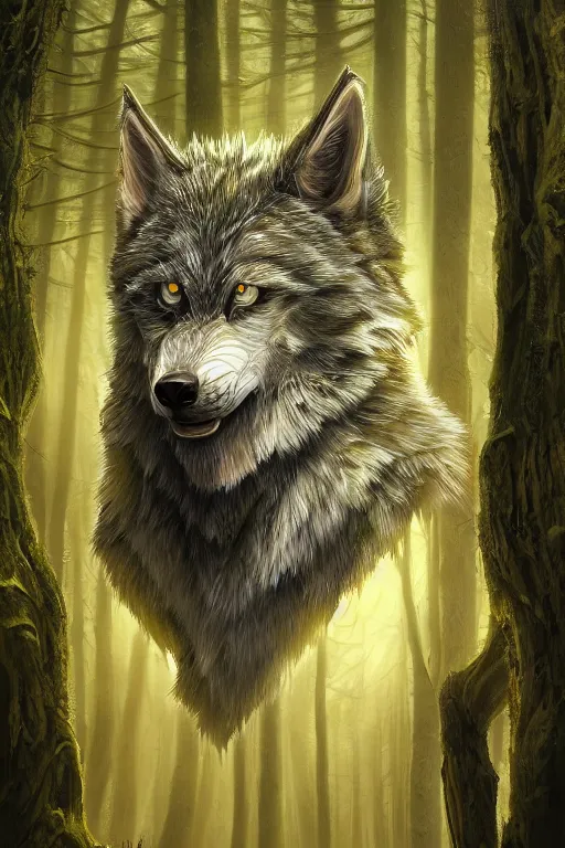 Image similar to ultra realist and ultra intricate detailed soft painting of a werewolf, from the waist up, symmetry features, glowing yellow eyes, sensual gloomy style, volumetric clouds, forest background, artstation, unreal render, depth of field