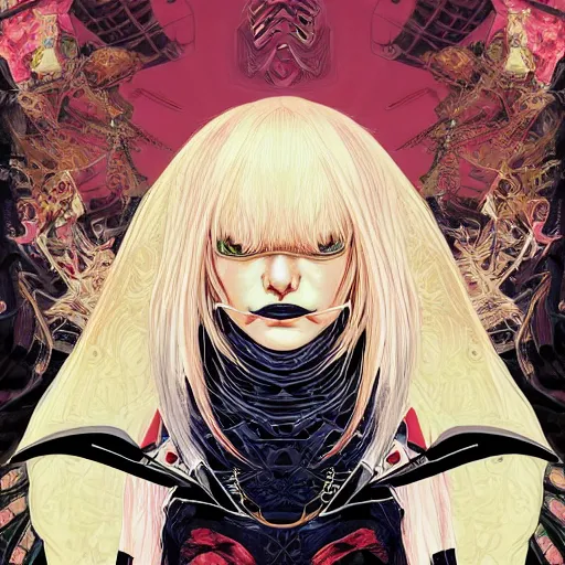 Image similar to portrait of crazy sia kate isobelle furler samurai and vampire, symmetrical, by yoichi hatakenaka, masamune shirow, josan gonzales and dan mumford, ayami kojima, takato yamamoto, barclay shaw, karol bak, yukito kishiro