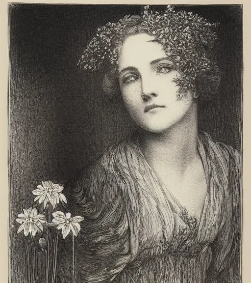 Image similar to black and white, portrait of a woman eyes in flowers, Gustave Dore lithography