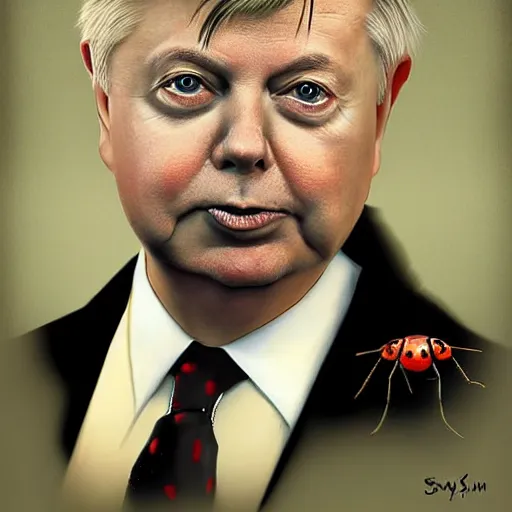 Image similar to one singular portrait of lindsey graham with ladybugs for eyes. highly detailed, digital painting, cinematics, hyper realistic. dark retrowave. by stanley lau, villeneuve, barloe