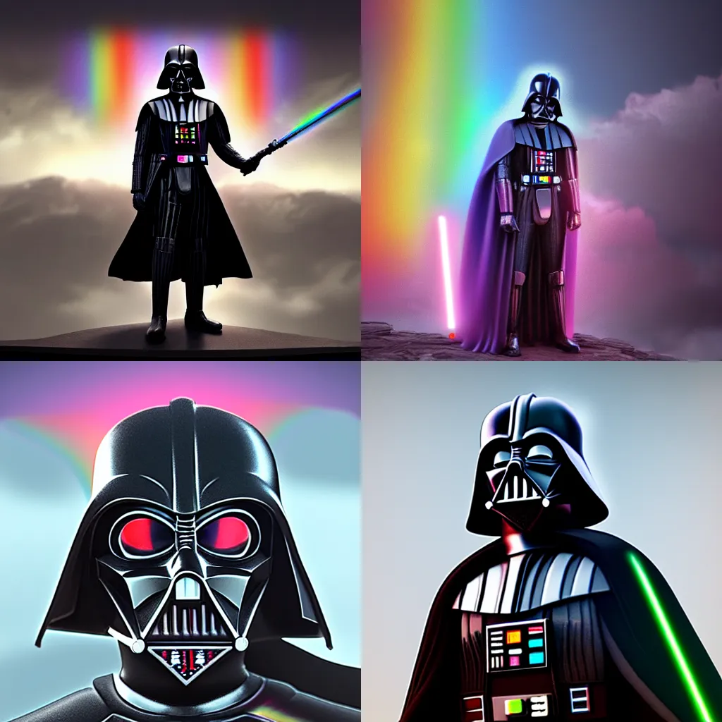 Prompt: highly detailed realistic matte painting of darth vader wearing rainbow colors by lisa frank, unreal engine, concept art, CGsociety, trending on artstation