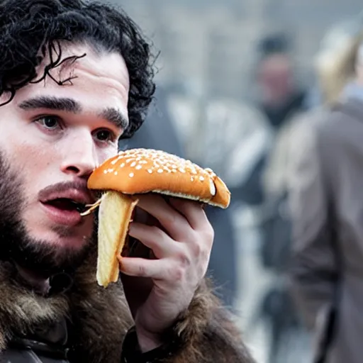 Image similar to john snow eating a hamburger