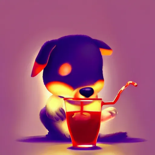 Prompt: cute puppy drinking juice, masterpiece, colorful ambient lighting, smooth shading, 8k, cinematic lighting, highly detailed, digital painting, artstation, smooth, sharp focus, illustration, digital illustration, by Pixar