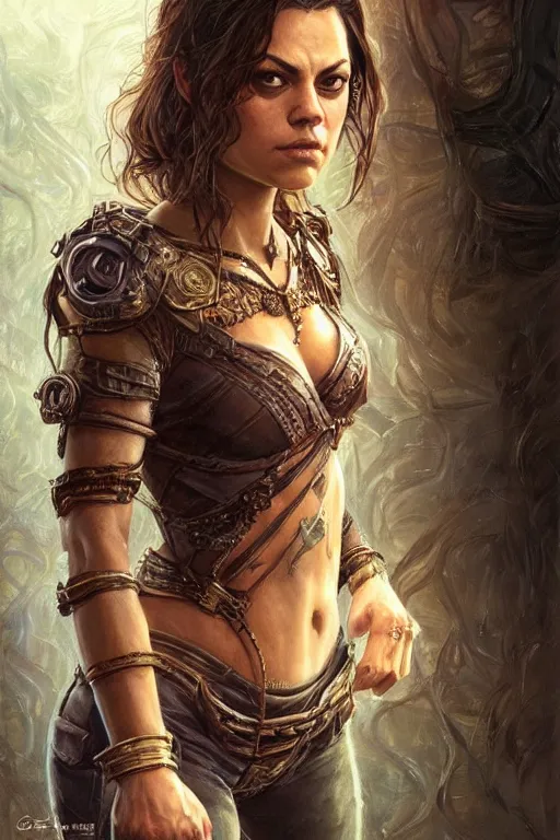 Image similar to tough Mila Kunis as a ruggedly handsome heroine, intricate, elegant, highly detailed, centered, artstation, concept art, smooth, sharp focus, illustration, bokeh art by artgerm and donato giancola and Joseph Christian Leyendecker, WLOP