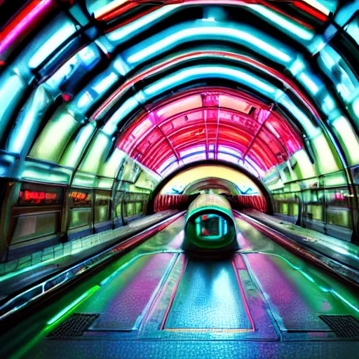 Image similar to space train station, futuristic, neon colours, highly saturated, high def, 8 k, hd, highly detailed,