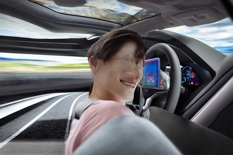 Prompt: a high-detailed picture from the inside of a driving autonomous car without people driving in a city, 8k, photo-realistic