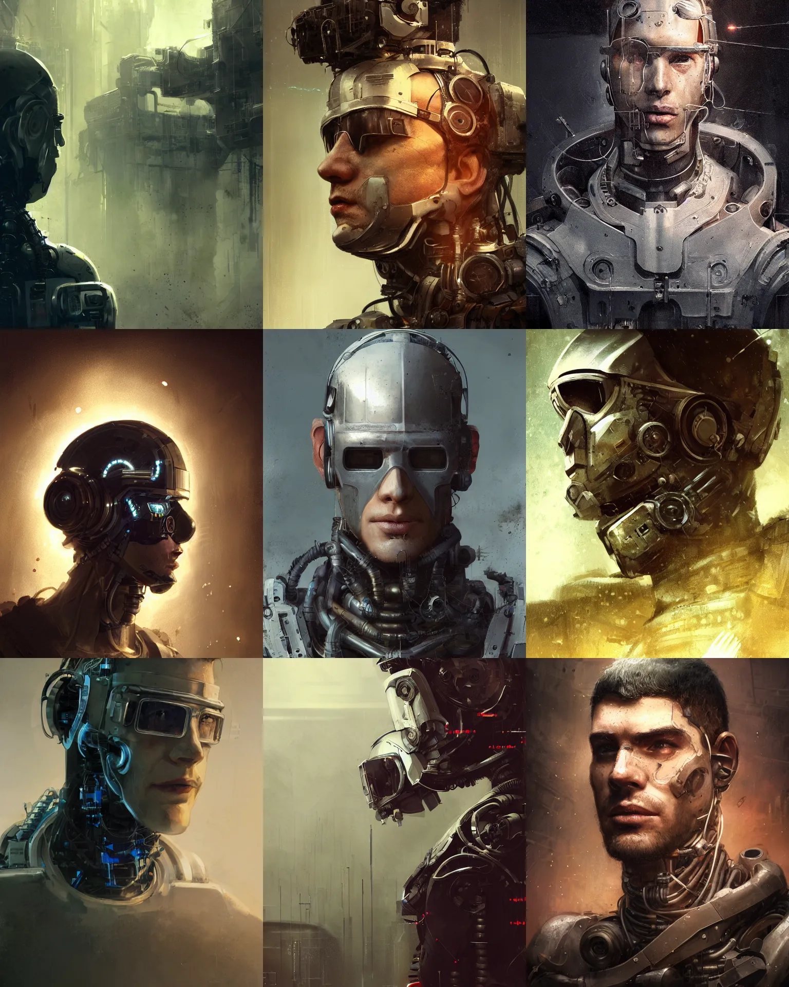 Image similar to a half - masked rugged young laboratory engineer man with cybernetic enhancements as seen from a distance, scifi character portrait by greg rutkowski, esuthio, craig mullins, 1 / 4 headshot, cinematic lighting, dystopian scifi gear, gloomy, profile picture, mechanical, half robot, implants, steampunk