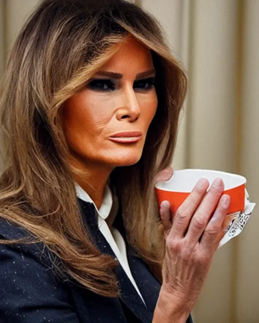 Prompt: Melania Trump eating garbage. Portrait by Annie Leibovitz.