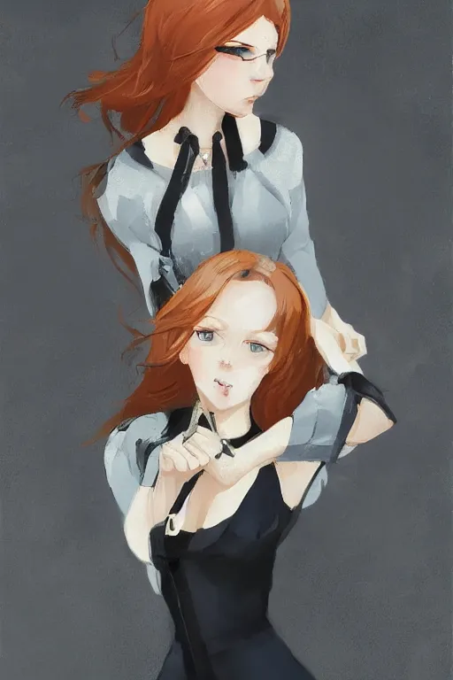 Image similar to beautiful woman with ginger hair and bright blue eyes, black dress, by ilya kuvshinov, krenz cushart, trending on artstation