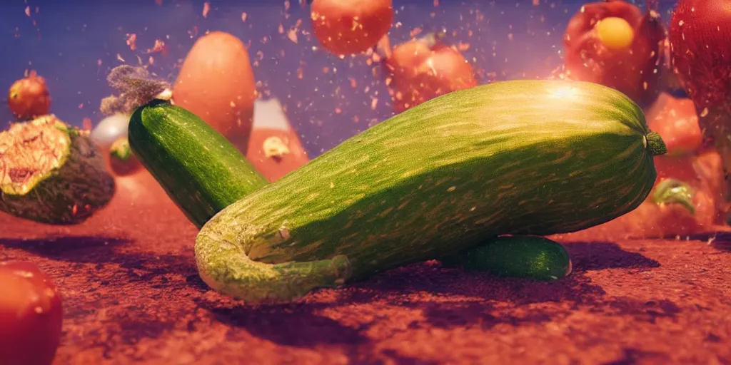 Image similar to detailed 3 d render of a raging zucchini!! character chasing!! down a desperate tomato!, high speed action, explosions, dramatic scene, hyper realistic octane render, cinematic lighting, deviantart, pop - surrealism, lowbrow, frame from disney pixar movie