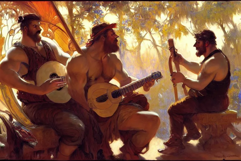 Image similar to 2 beefy attractive men playing music, painting by gaston bussiere, craig mullins, greg rutkowski, alphonse mucha