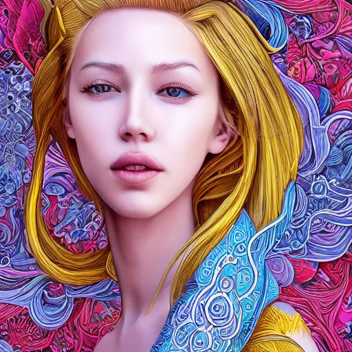 Image similar to a portrait of an incredibly beautiful, colorful, graceful, elegant, and sophisticated young blonde girl made of garlic, an ultrafine detailed illustration by james jean, intricate linework, bright colors, final fantasy, behance contest winner, vanitas, angular, altermodern, unreal engine 5 highly rendered, global illumination, radiant light, detailed and intricate environment