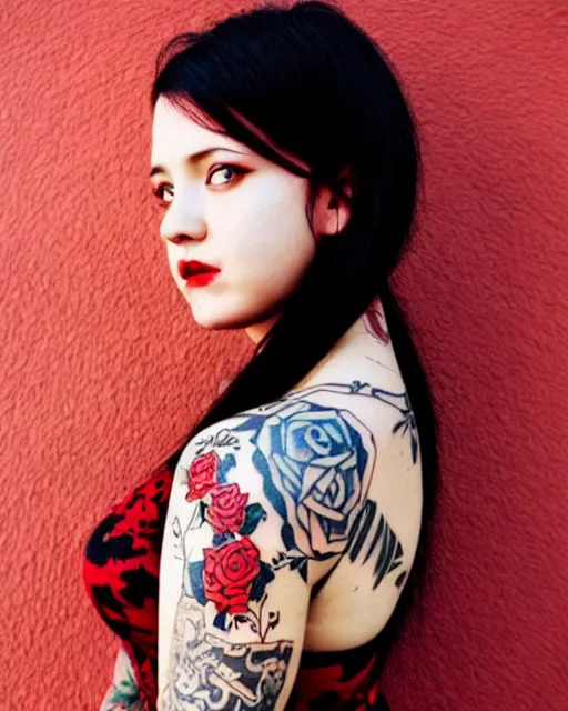 Image similar to cute female with intricate tattoos, crimson - black hair, wearing cute crimson - black bee - themed dress, cinematic lighting, beautiful composition