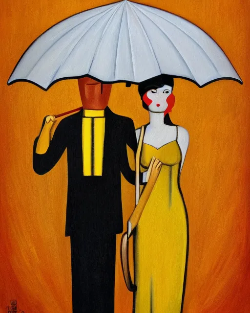 Image similar to a painting of a man and a woman holding an umbrella, an art deco painting by Grant Wood, featured on behance, american scene painting, movie poster, poster art, concert poster