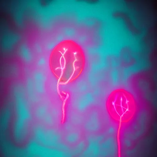 Image similar to neon fungi glowing with pink and cyan colors, emitting spores, midnight, fantasy, hyperrealistic, detailed, soft lighting, fireflies