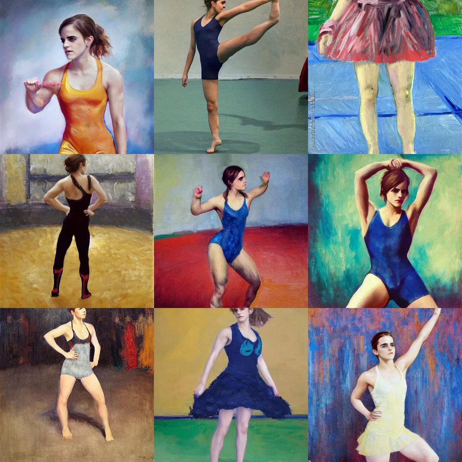 Prompt: emma watson standing on a wrestling mat, an impressionist painting by grillo demo, trending on cg society, arabesque, dynamic pose, masculine