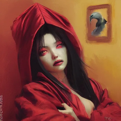Prompt: cute humanoid vampire duck, wearing cultist red robe, golden feathers, witchcraft symbol in background, expressive oil painting, by yoshitaka amano, by greg rutkowski, by jeremy lipkinng, by artgerm, gitital art, octane render
