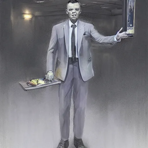 Image similar to a highly detailed epic cinematic concept art CG render digital painting artwork costume design: Frank Sinatra as a poor 1950s bartender. volumetric lighting. By Greg Rutkowski, in the style of Francis Bacon and Syd Mead and Norman Rockwell and Beksinski, great attention to proper perfect anatomy, highly detailed, painted by Francis Bacon and Edward Hopper, painted by James Gilleard, surrealism, airbrush, Ilya Kuvshinov, WLOP, Stanley Artgerm, very coherent, triadic color scheme, realistic facial expression, art by Takato Yamamoto and James Jean