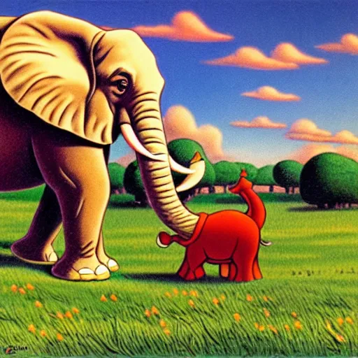 Prompt: an elephant on a green meadow drawn by Carl Barks