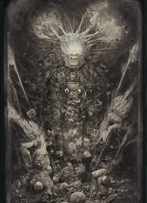 Image similar to old wetplate daguerreotype demons, devil, pain, anger, desolation, angel, explosion of data fragments, fractal, intricate, elegant, highly detailed, parallax, leica, medium format, subsurface scattering, by jheronimus bosch and greg rutkowski and louis jacques mande daguerre, brom