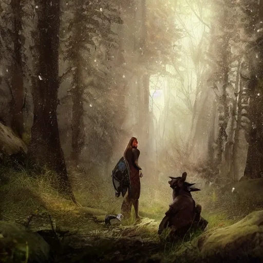 Prompt: cinematic shot our ancestors hunting an animal in the forest while there is rain and stars in the air digital painting, artstation, concept art, soft light, hdri, smooth, sharp focus, illustration, fantasy, intricate, elegant, highly detailed, D&D, matte painting, in the style of Greg Rutkowski and Alphonse Mucha and artemisia, 8k, highly detailed, jurgens, rutkowski, bouguereau, pastoral, rustic, georgic