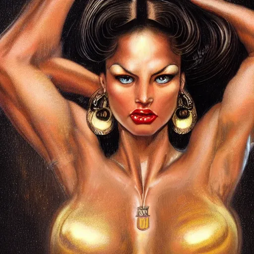 Image similar to detailed oil portrait of tall hyper - muscular shining bronze - skinned warrior woman with silver eyes, full body, with long wavy flowing black hair and big gold earrings, jewelry, red lipstick, makeup, feminine, volumetric lighting, dynamic composition, art by boris vallejo, scifi, concept art