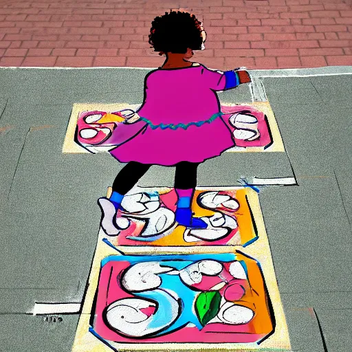 Prompt: pepper ann pearson playing hopscotch, illustration, illusion, in the style of lilia alvarado