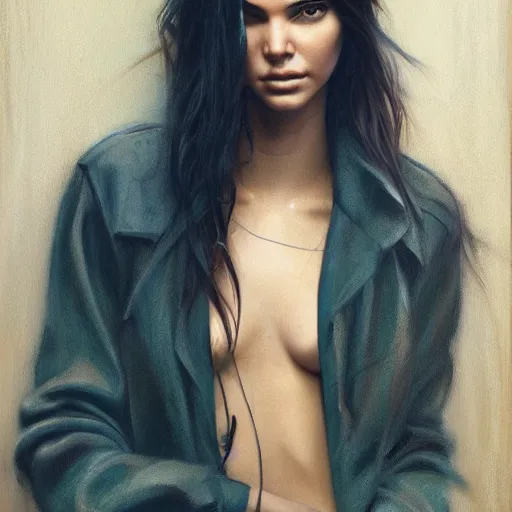 Prompt: fashion model kendall jenner by Ron English by Richard Schmid by Jeremy Lipking by moebius by atey ghailan