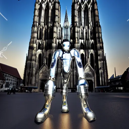 Image similar to the t - 1 0 0 0 made of liquid metal walking next to the cathedral of cologne, germany, volumetric lighting, sharp focus, ultra detailed, cgsociety - w 1 0 2 4 - n 8 - i