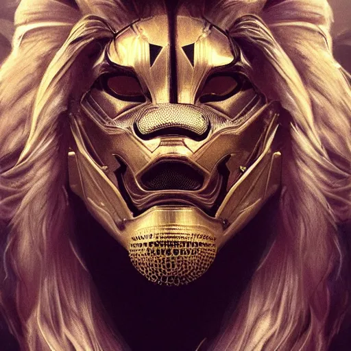 Image similar to Very very very very highly detailed epic zoom out photo of full face with lion venetian mask, intricate, dystopian, sci-fi, extremely detailed, digital painting, artstation, concept art, smooth, sharp focus, illustration, intimidating lighting, incredible art by Artgerm and Vincent di Fate and WLOP