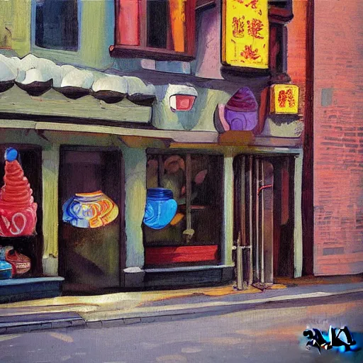 Prompt: a ice cream shop in a alleyway by enzhe zhao