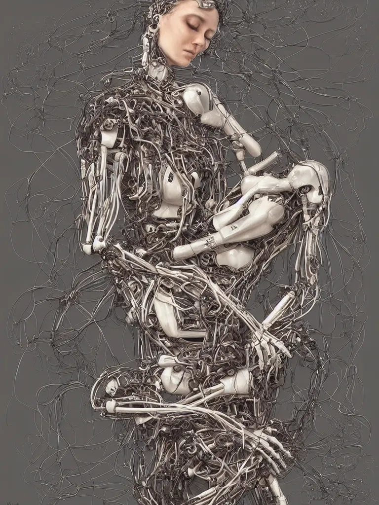 Image similar to portrait of a beautiful female android robot holding a sleeping fox in her arms, there are wires coming from her heart, tangled and entwined with her long flowing hair, mecha, biopunk, skeletal, bones, by Kenne Gregoire