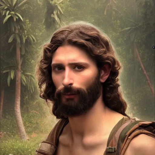 Image similar to an extremely detailed matte painting of a ridiculously good looking jesus that looks like a jewish gigachad in the vietnam war, ballistic helmet that says'born to save ', long curly hair, camouflaged gear, very detailed, jungles of vietnam beautiful, intricate, cinematic, artstation, william bouguereau, alphonse mucha, greg rutkowski, octane render