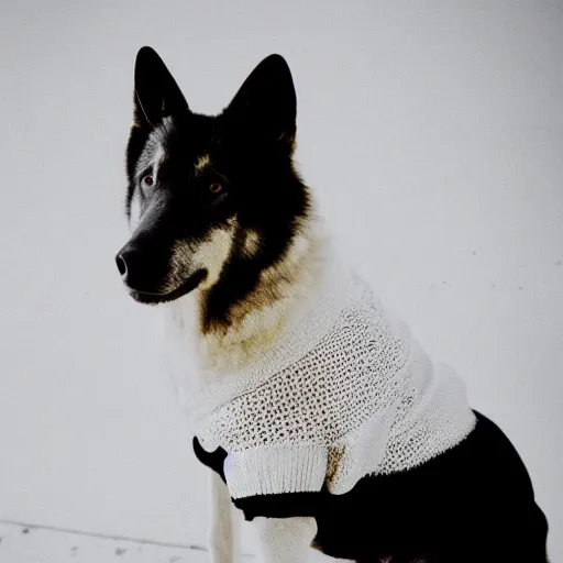 Image similar to a white shepherd wearing a sweater