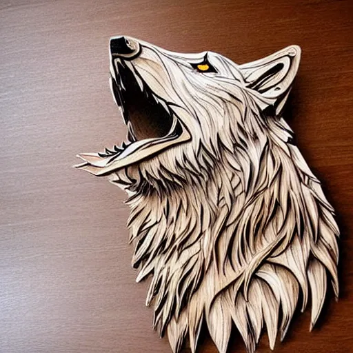 Image similar to detailed wolf howling made out of wood