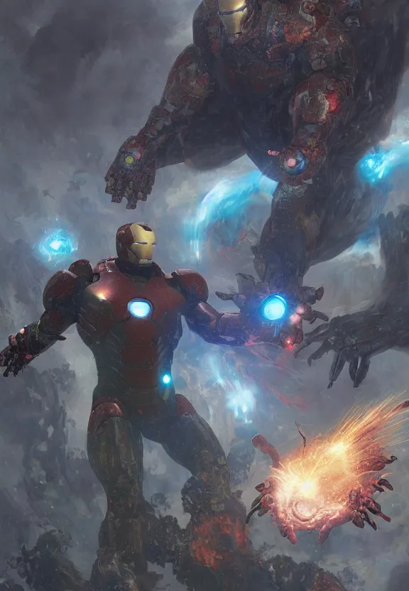 Prompt: iron man fighting a giant kaiju, highly detailed, science fiction landscape, art style by klimt and nixeu and ian sprigger and wlop and krenz cushart