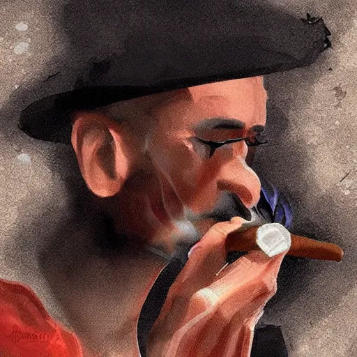 Image similar to prate lighting his cigar with black dragon instead of lighter, digital art, trending on artstation