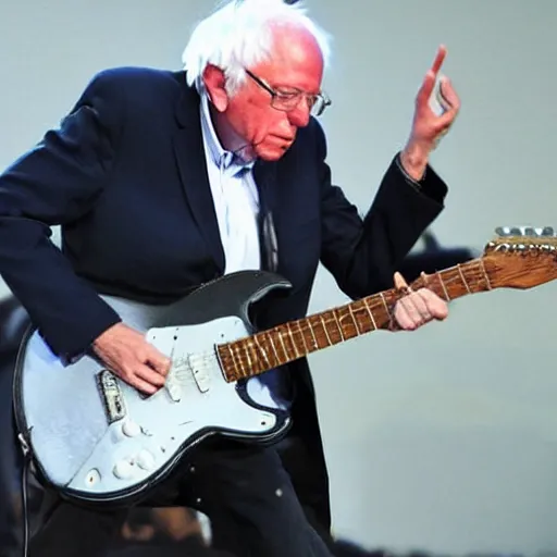 Image similar to bernie sanders with long hair and a leather jacket, playing electric guitar