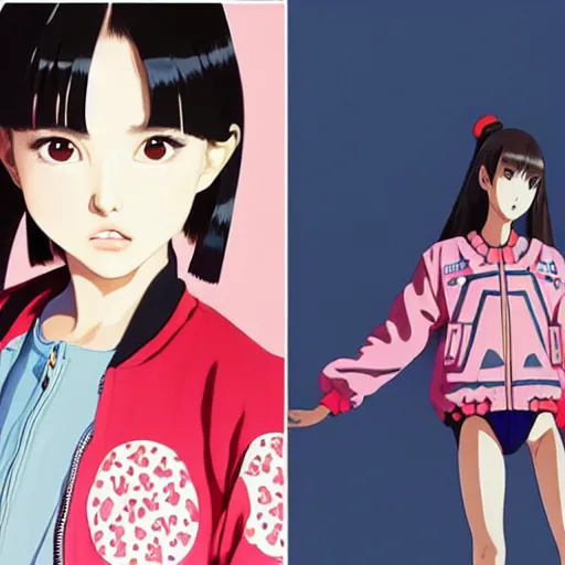 Image similar to a beautiful japanese natalie portman gravure model, wearing oversized native designer bomber jacket and leotard with overalls, bulky poofy bomber jacket with mesoamerican patterns, mesoamerican native street fashion, gapmoe yandere grimdark, trending on pixiv fanbox, painted by greg rutkowski makoto shinkai takashi takeuchi studio ghibli, akihiko yoshida