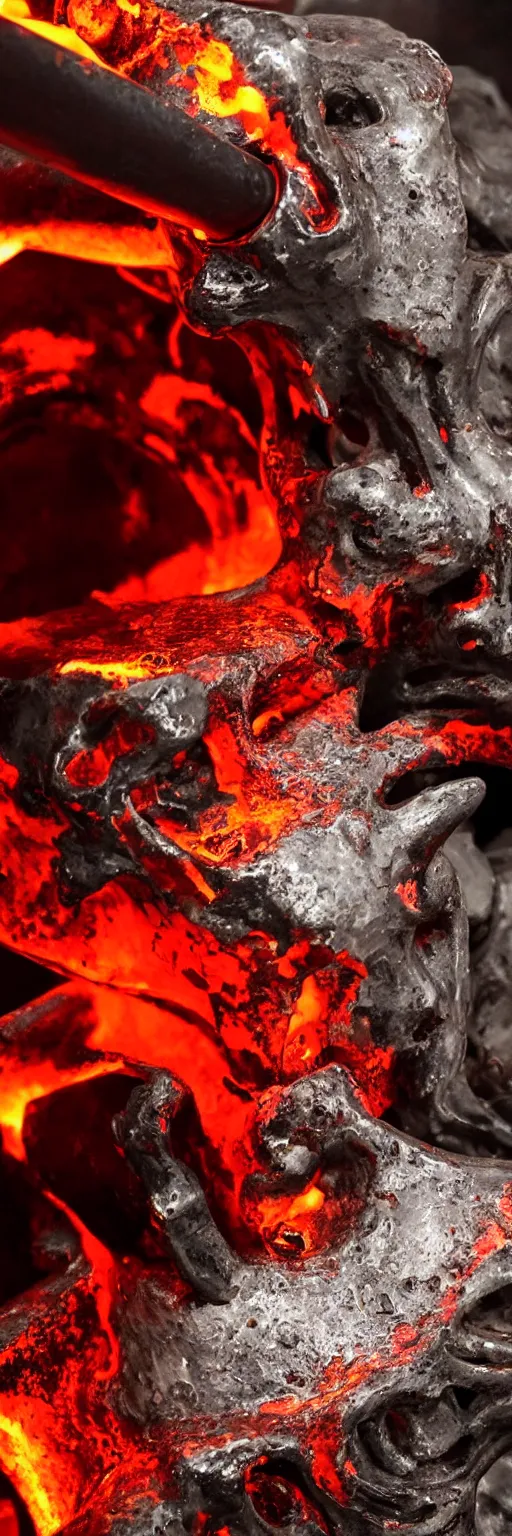 Image similar to molten red hot metal being poured into a mold in the shape of a punisher skull emblem. background is firey foundry. detailed, high art, intricate, artisan